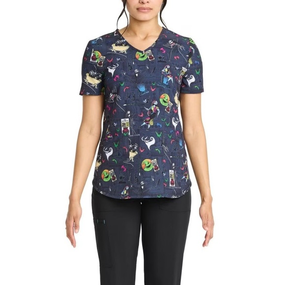 NWT Disney The Night Before Christmas Women’s V-Neck Scrub Top Halloween - Picture 1 of 7
